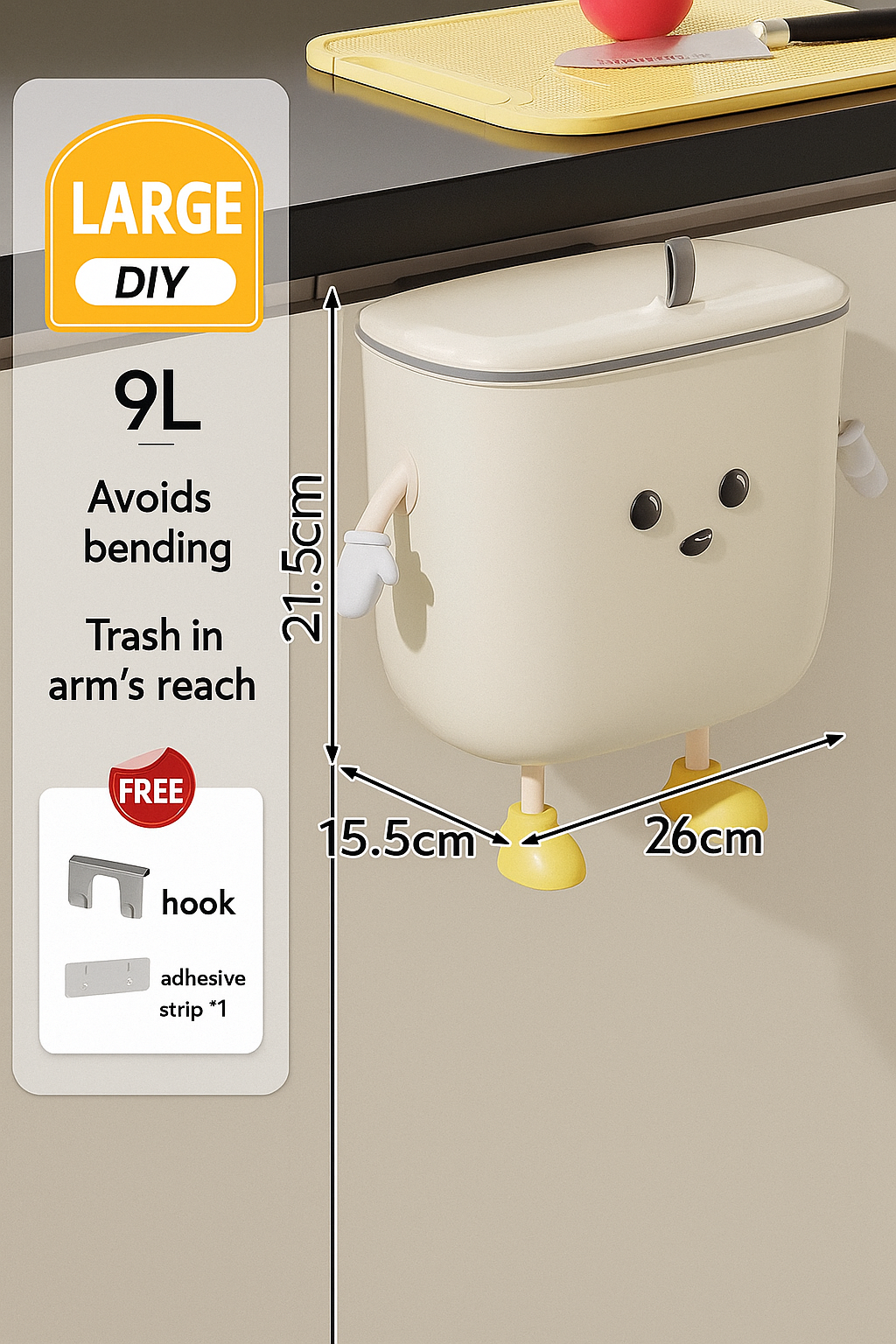 Smiley Face Wall-Mounted Trash Bin – 9L / 12L | Space-Saving Kitchen Garbage Can with Lid
