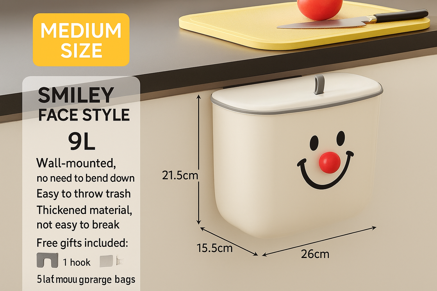 Smiley Face Wall-Mounted Trash Bin – 9L / 12L | Space-Saving Kitchen Garbage Can with Lid