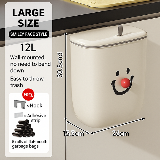 Smiley Face Wall-Mounted Trash Bin – 9L / 12L | Space-Saving Kitchen Garbage Can with Lid