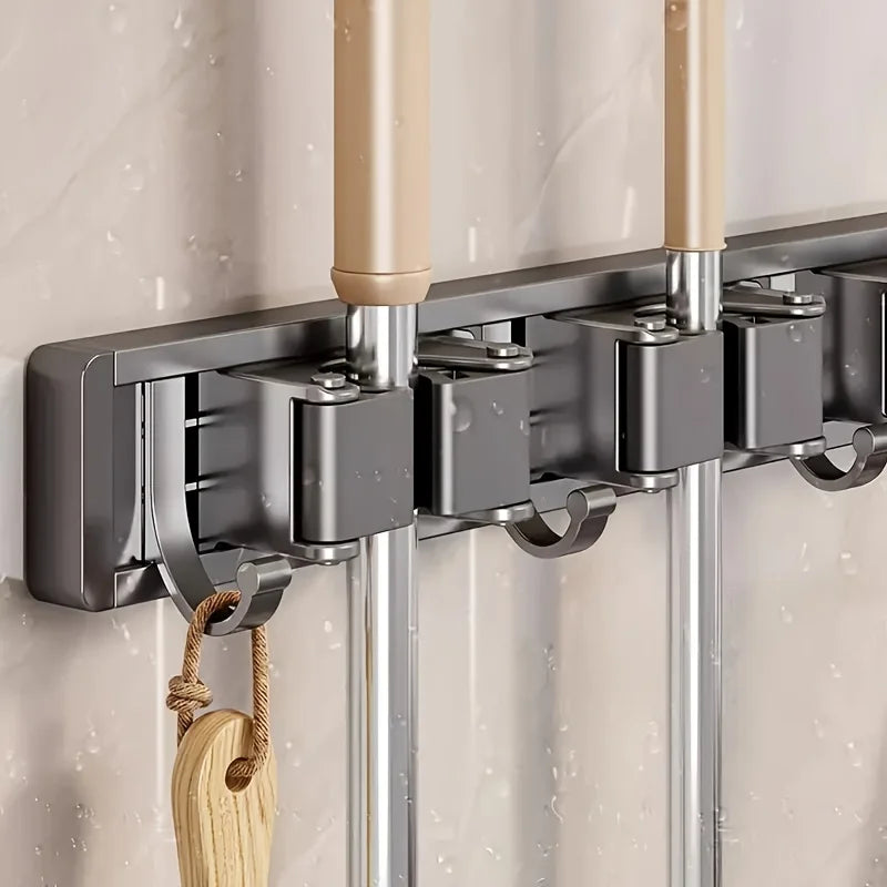 Wall Mounted Mop Broom Holder - Metal Storage Organizer with Detachable Hooks