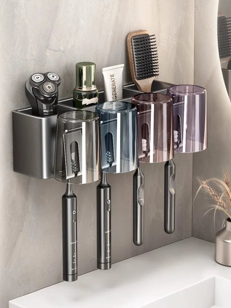 Wall Mounted Toothbrush Holder with Cup Storage