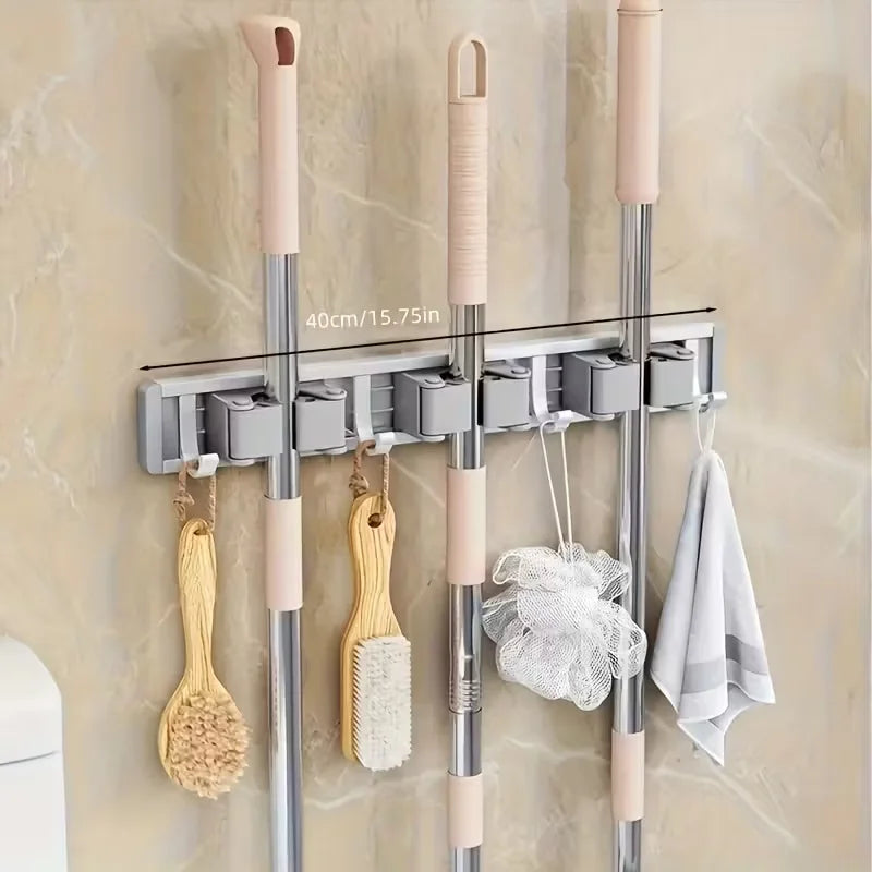 Wall Mounted Mop Broom Holder - Metal Storage Organizer with Detachable Hooks